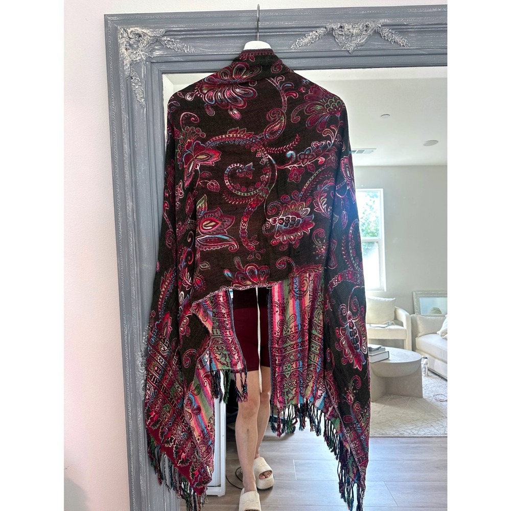 Y2K 100% Cashmere Paisley Floral Pashmina Shawl Wrap Scarf Brown Magenta Fringe - Picture 4 of 7